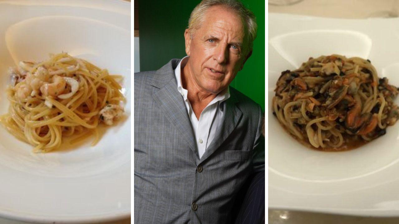 Al centro Lorenzo Viani; a sinistra le Bavette sul pesce e a destra gli Spaghetti Versiliese