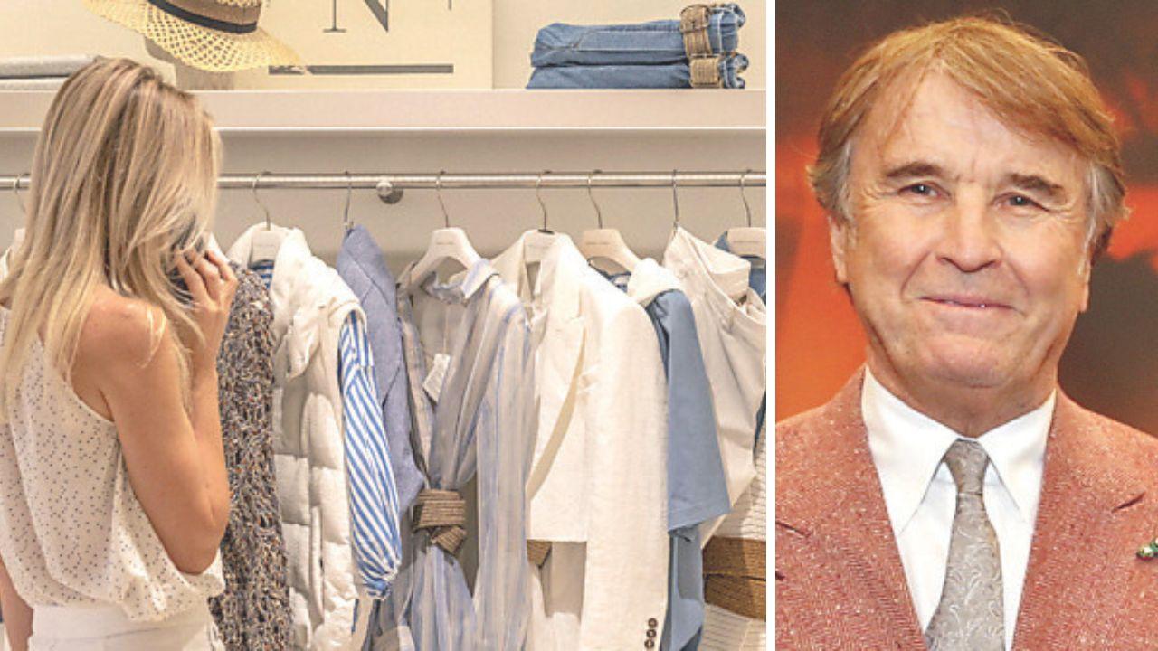 Abiti di Brunello Cucinelli in un suo store e, a destra, l’imprenditore