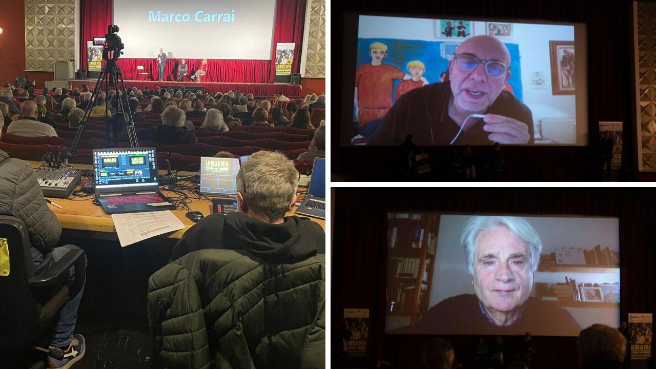
	Alcuni momenti dell'evento a Piombino con gli interventi di Paolo Virz&igrave; e Claudio Bigagli (foto Lorenzo Manzini)

