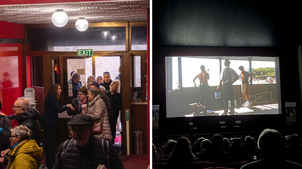 L'ingresso delle persone al cinema e un momento della proiezione (foto Lorenzo Manzini)