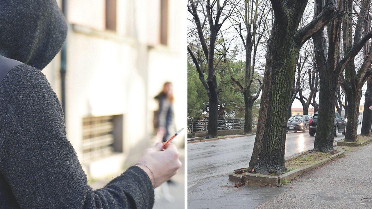 Agisce vestito di nero l’uomo che punge con la siringa. A dx il cavalcavia di San Giusto dove è avvenuto uno degli episodi di needle spiking