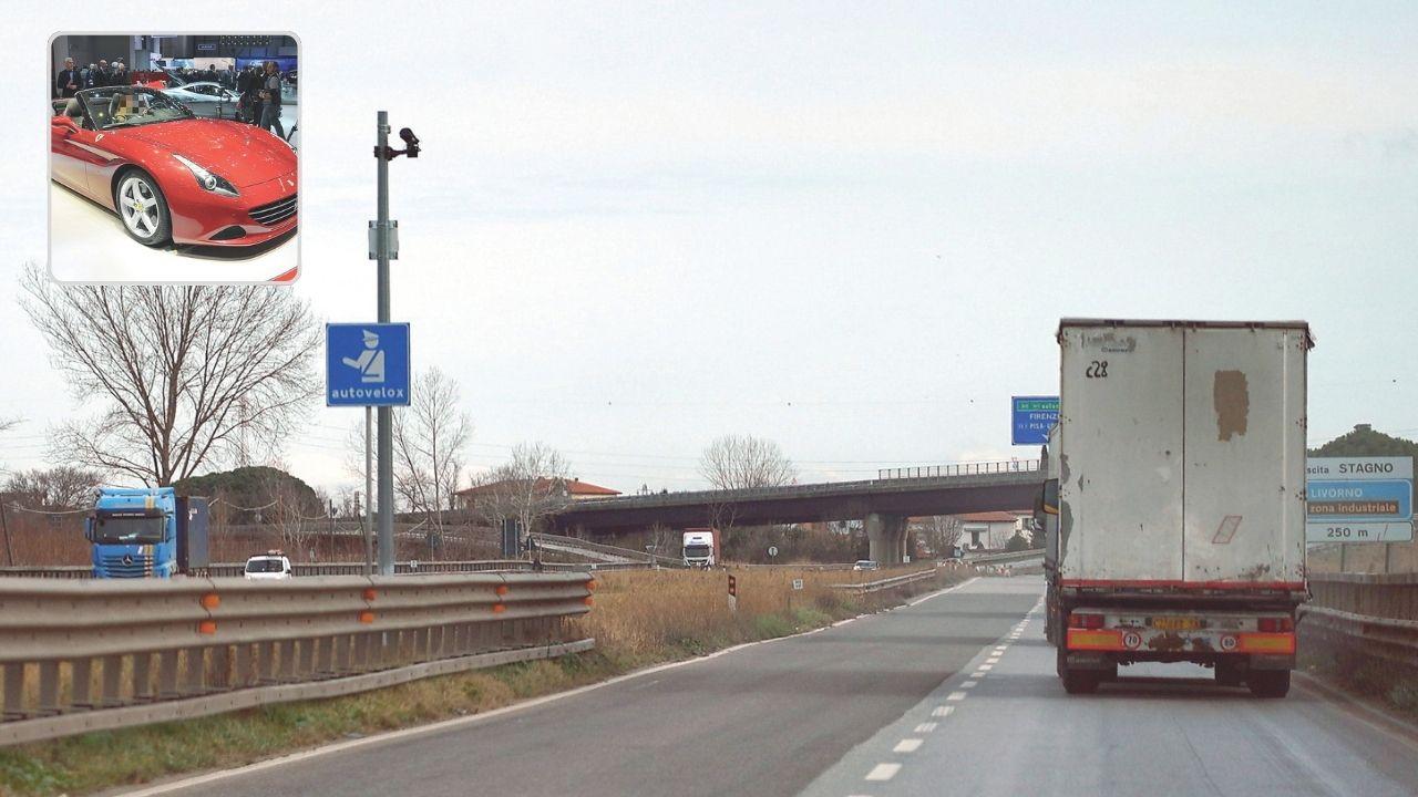 
	L'autovelox prima dell&rsquo;uscita di Livorno centro a Stagno (foto Franco Silvi), in alto una Ferrari California T

