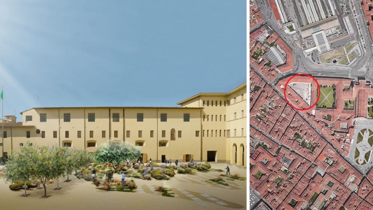 Uno dei rendering che mostra la nuova piazza e la vista dall'alto del complesso di Santa Maria Novella