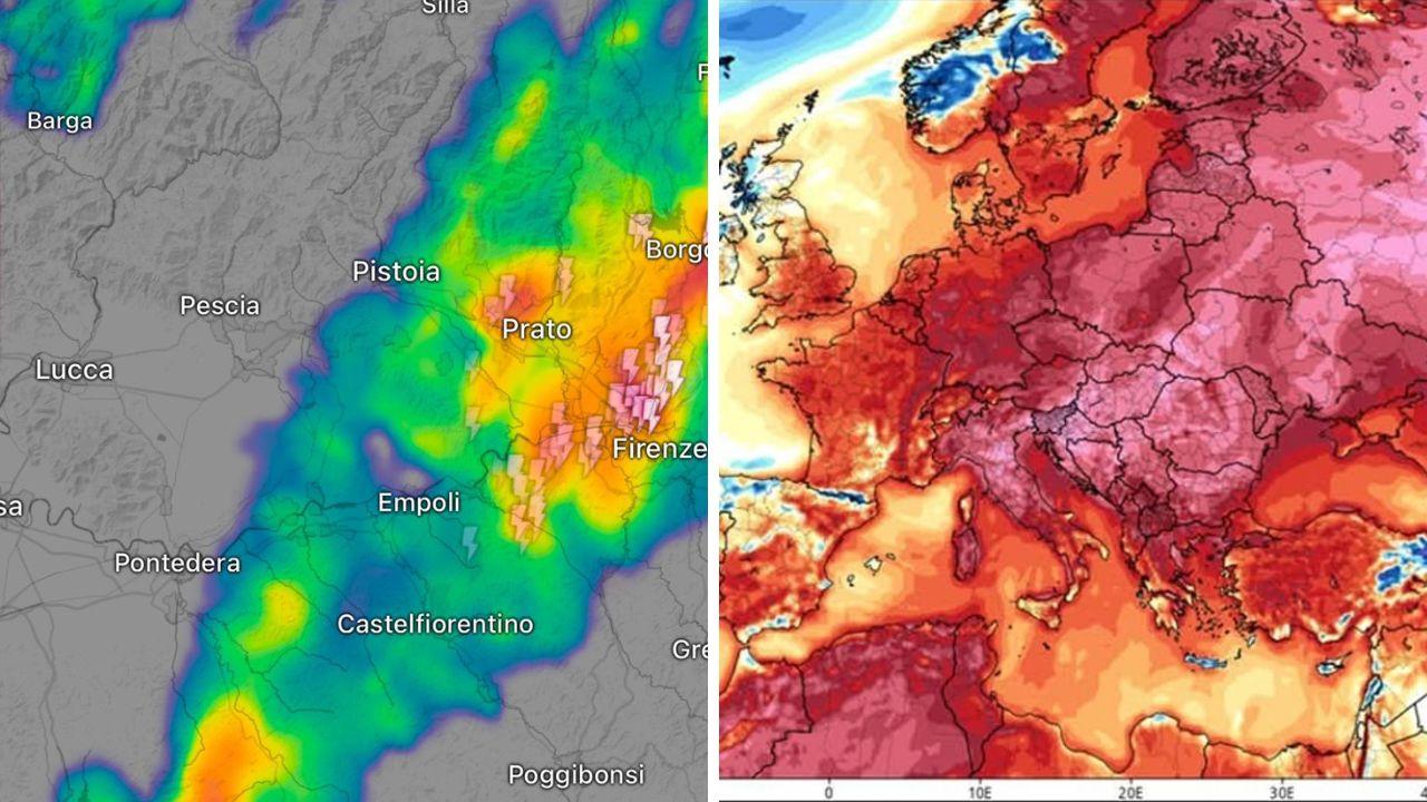 Il temporale su Firenze visto dal radar meteo e a destra il caldo anomalo in Europa il 28 gennaio 