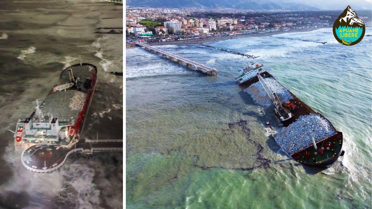 
	Nella foto grande la nave mezza affondata davanti al pontile (Foto Apuane Libere)

