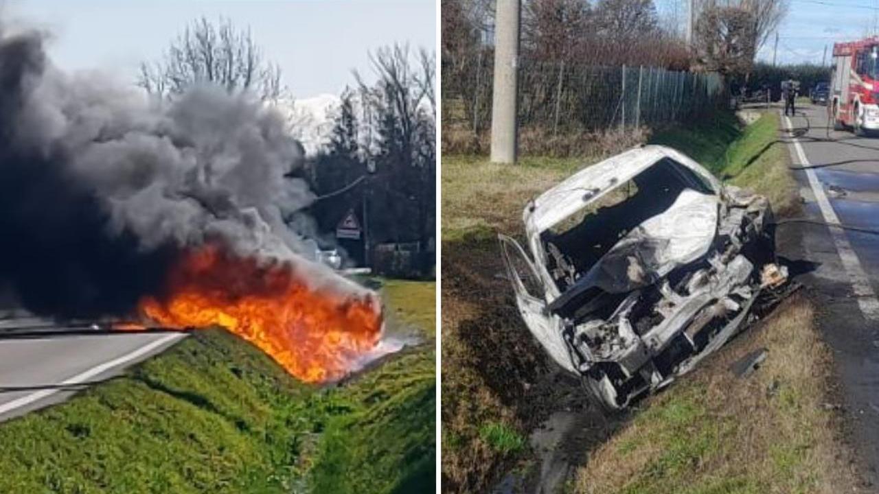 L'auto incendiata dopo l'incidente a Portile