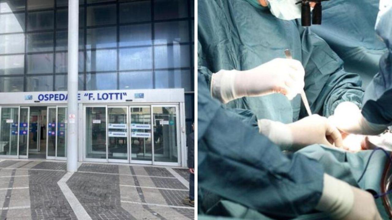 L’ingresso dell’ospedale Lotti e una sala operatoria (foto di repertorio)