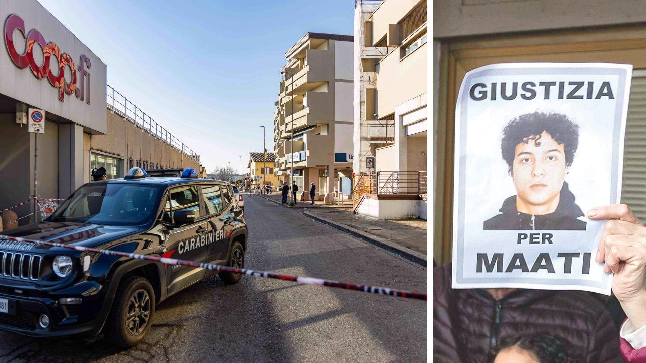 Il luogo dell'omicidio e un cartello mostrato durante una manifestazione per il 17enne ucciso Maati Moubakir