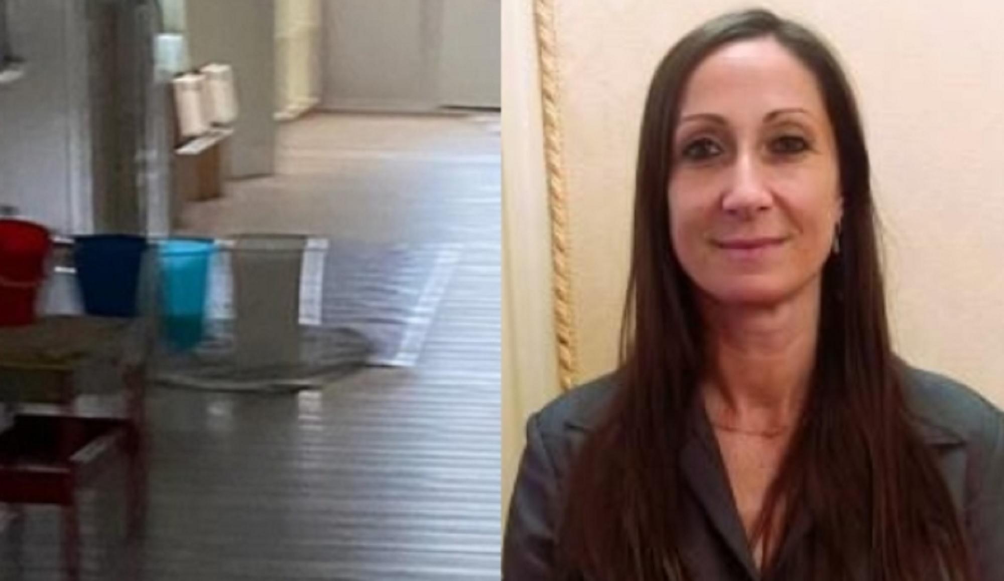 A sinistra i secchi nell'asilo colpito dalle infiltrazioni, a destra la vicesindaca Libera Camici