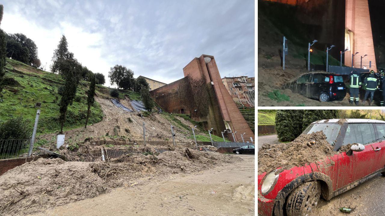 La frana nel parcheggio del Cencione, le auto travolte dal fango e i soccorsi (foto Stick)