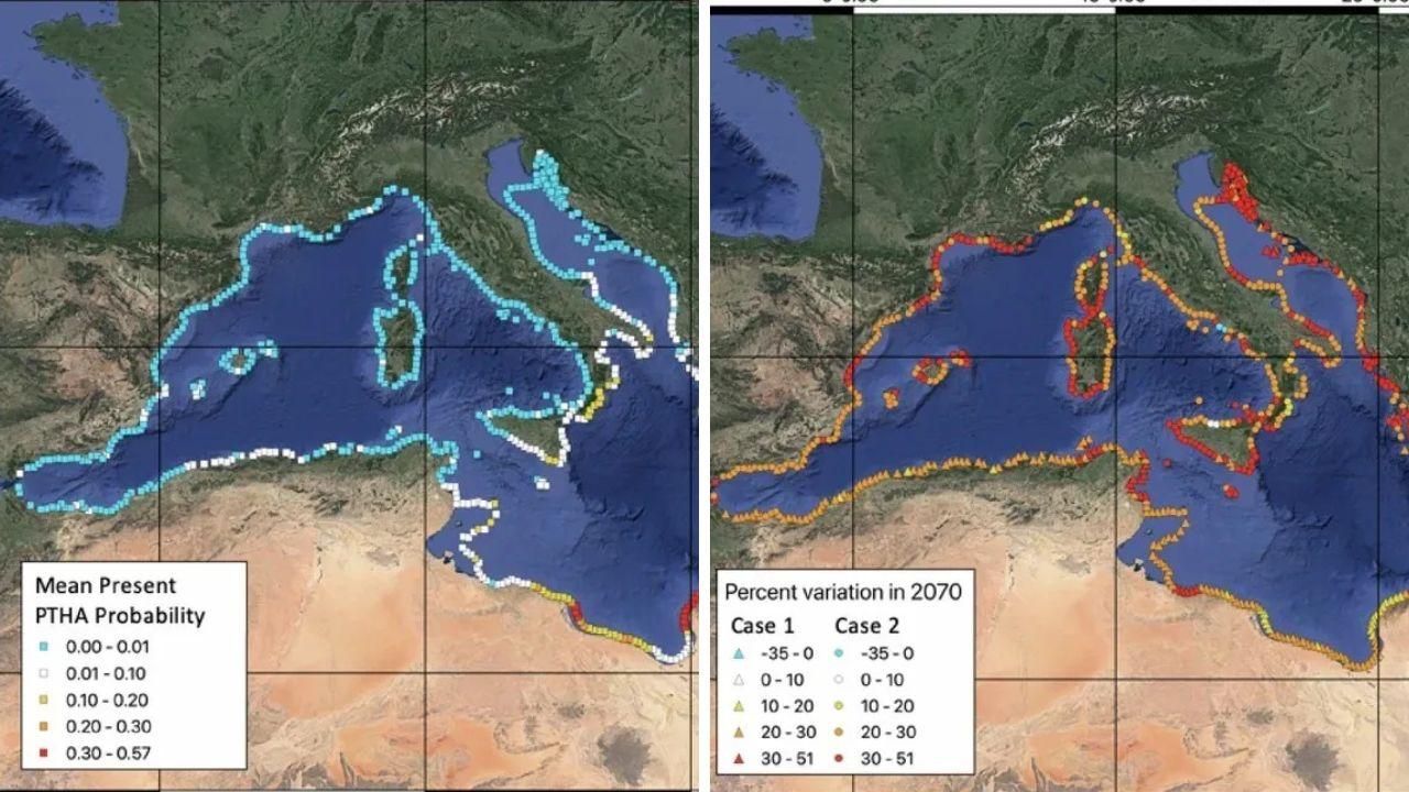
	A sinistra il rischio attuale a destra quello previsto nel 2070

