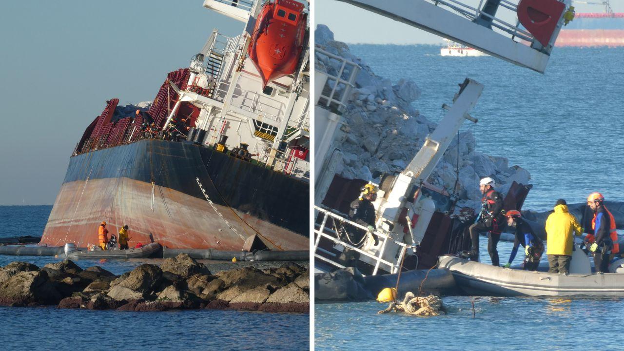 
	Tecnici al lavoro sulla nave incagliata (Foto di Claudio Cuffaro)

