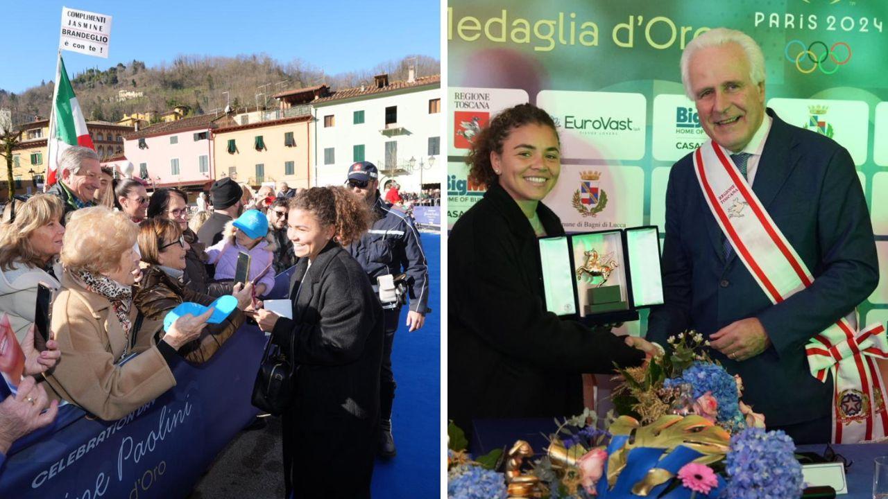 
	Jasmine Paolini a Bagni di Lucca; a destra premiata da Eugenio Giani (foto Nucci)

