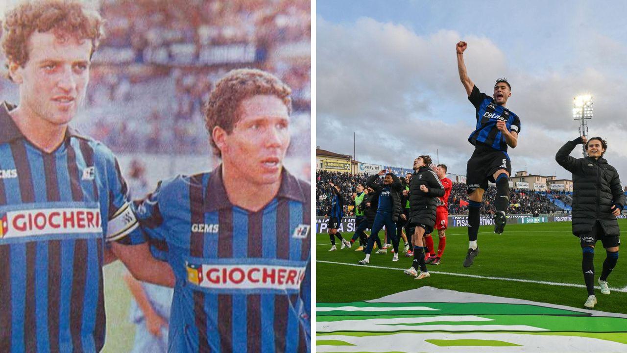 A sinistra Piovanelli con Simeone, a destra il Pisa esulta sotto la Nord (Foto Stick)
