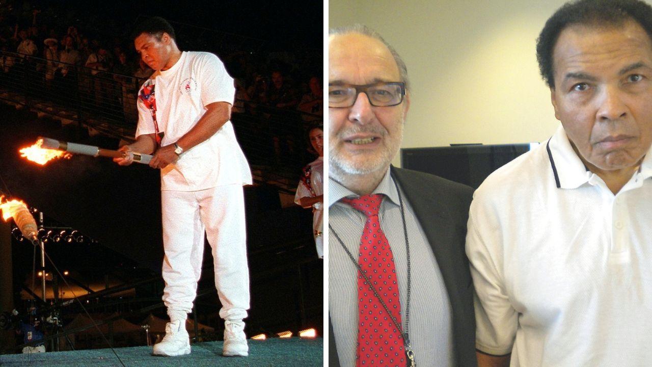 Ali tremanta accende la fiaccola olimpica ad Atlanta '96, a destra con il dottor Bonuccelli