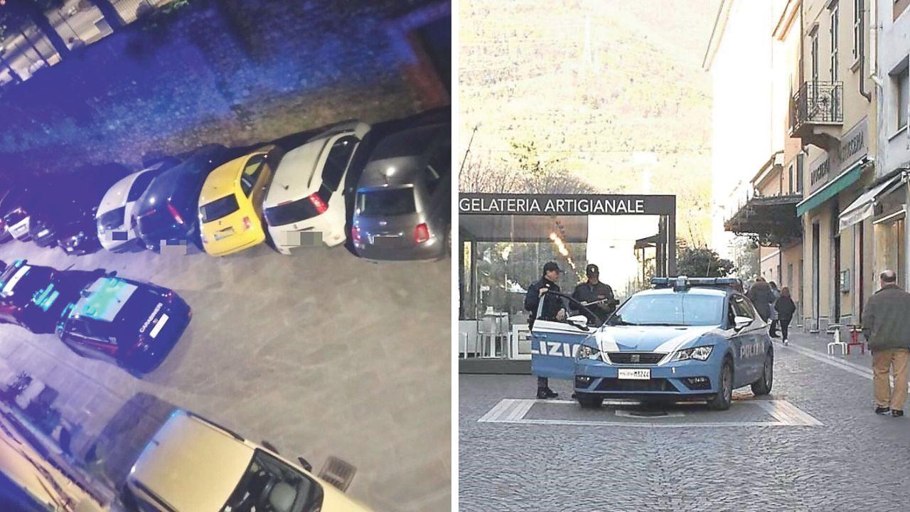 Nella foto a sinistra le auto dei carabinieri in via del Plebiscito, a destra (foto d’archivio) controlli della volante della polizia di Stato in centro