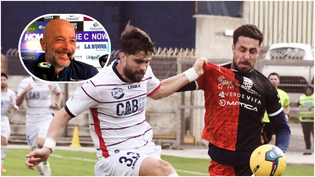 Un'azione di gioco di Torres-Gubbio e nel riquadro mister Alfonso Greco (foto di Mauro Chessa)