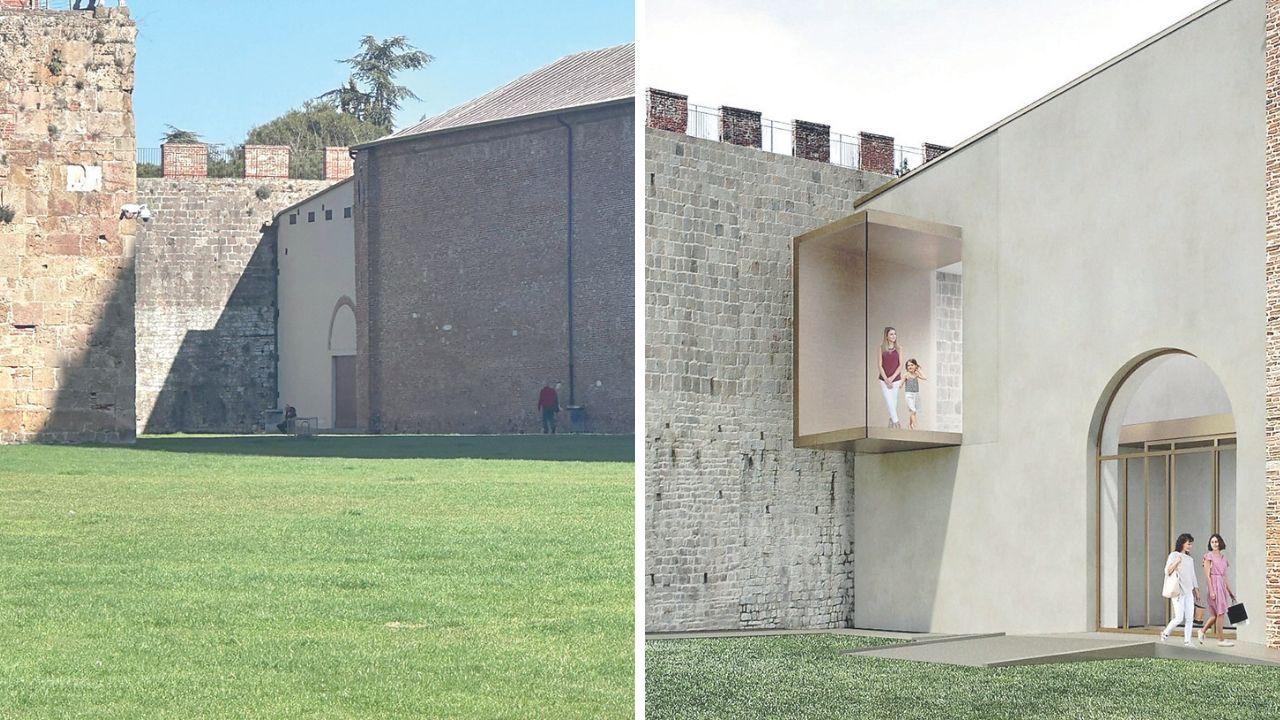 Il punto dove è previsto il particolare affaccio sul prato del Duomo e, a destra, la simulazione grafica di come dovrebbe essere la struttura