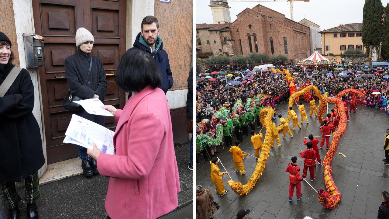 
	Il volantinaggio in via Pistoiese (foto Nucci) e la danza del Dragone&nbsp;in piazza delle Carceri


