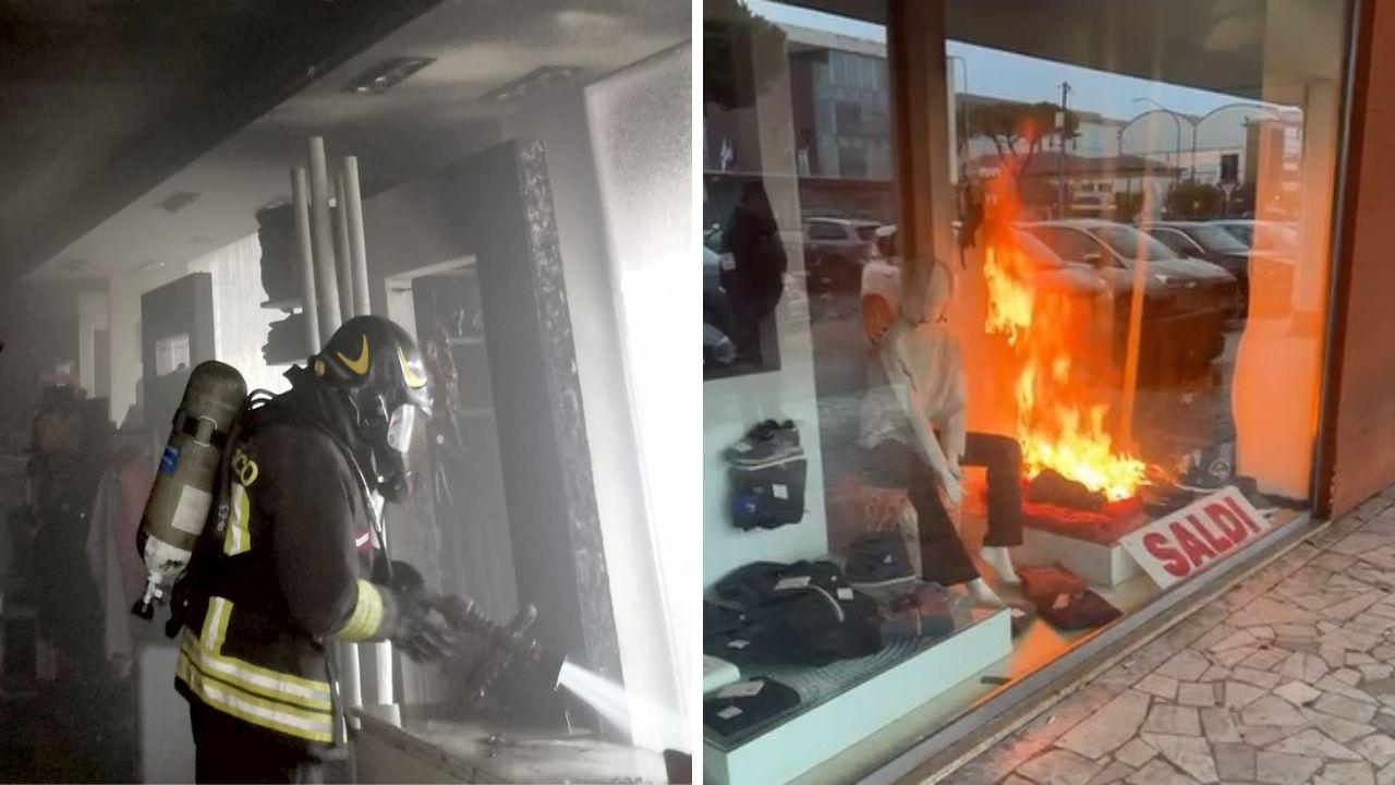 Le fiamme all'interno del negozio, la vetrina distrutta distrutta e il vetro “bucato” dai vigili del fuoco