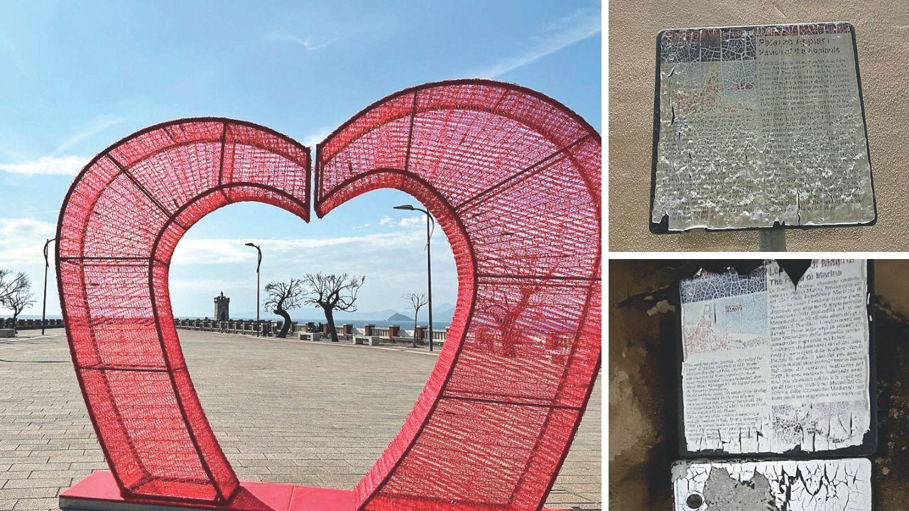 
	Nella foto grande il cuore installato in piazza Bovio e sotto due cartelli turistici illeggibili per l&rsquo;usura


