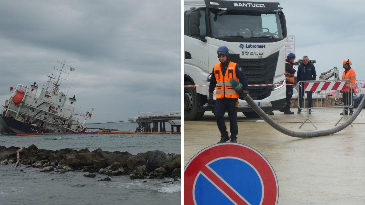 Le operazioni di svuotamento della nave naufragata a Marina di Massa (Foto di Claudio Cuffaro)