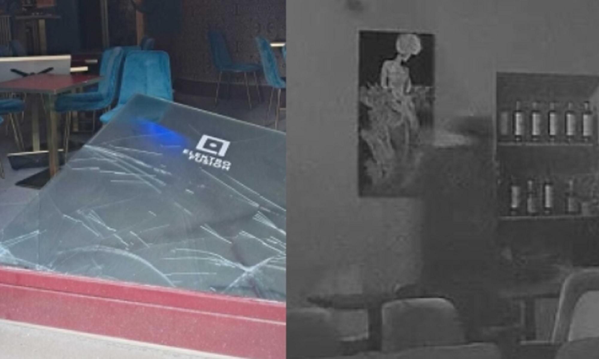 A sinistra i danni al bar, a destra il ladro inquadrato dalla telecamera