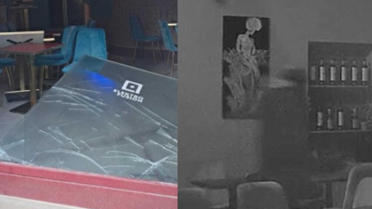 A sinistra i danni al bar, a destra il ladro inquadrato dalla telecamera