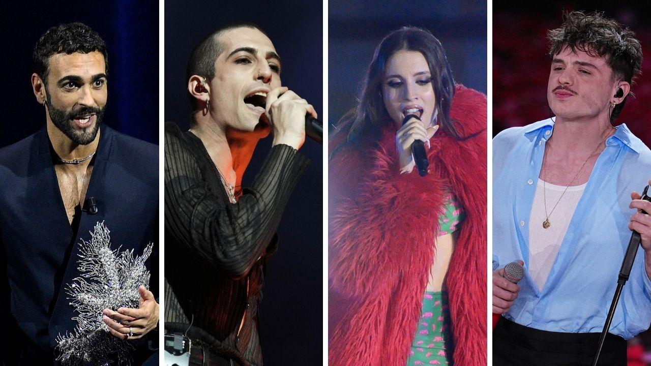 
	Da sx Marco Mengoni, Damiano dei Maneskin, Angelina Mango e Olly

