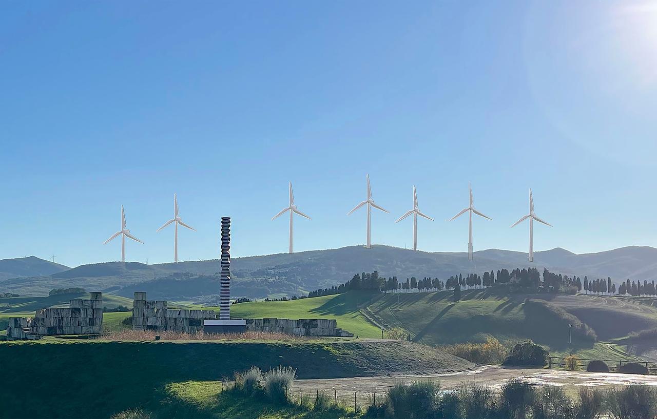 
	ll rendering di come potrebbe essere il parco eolico alle spalle del Teatro del Silenzio di Lajatico, in provincia di Pisa

