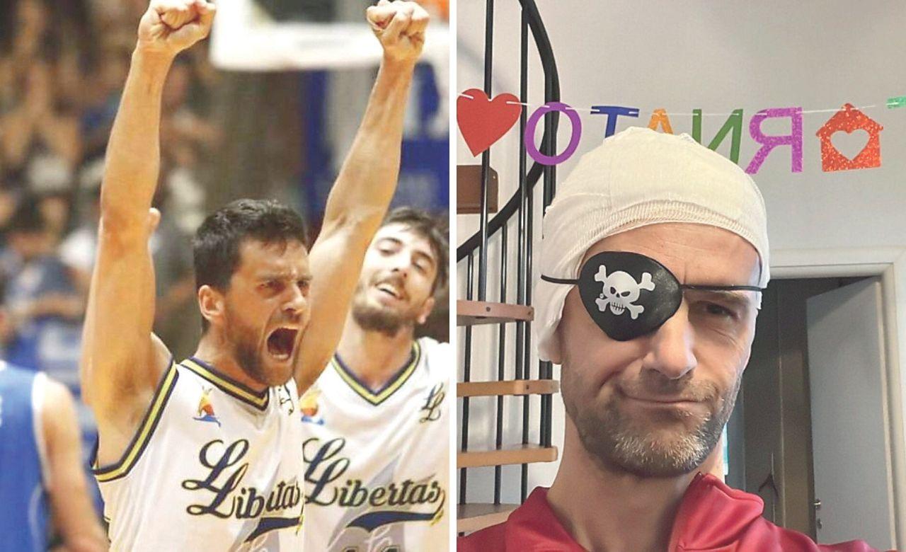 Armillei in campo festeggia la vittoria nel derby e la Serie B e di fianco a casa dopo l'operazione