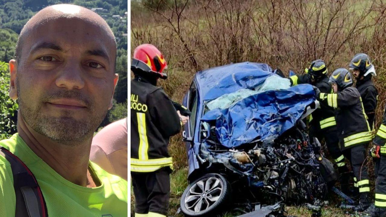 Maurizio Franchi e la sua auto dopo l'incidente mortale (Foto vigili del fuoco)