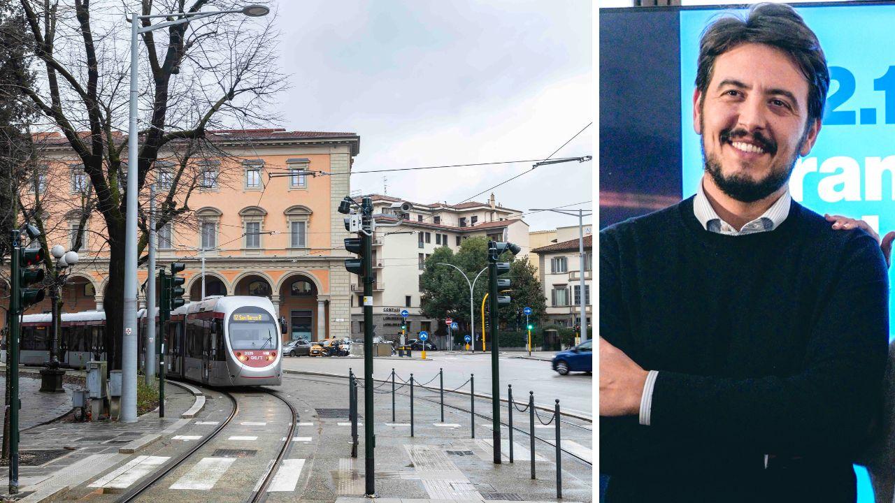 
	La tramvia durante il passaggio in piazza della Libert&agrave; e l'assessore Andrea Giorgio

