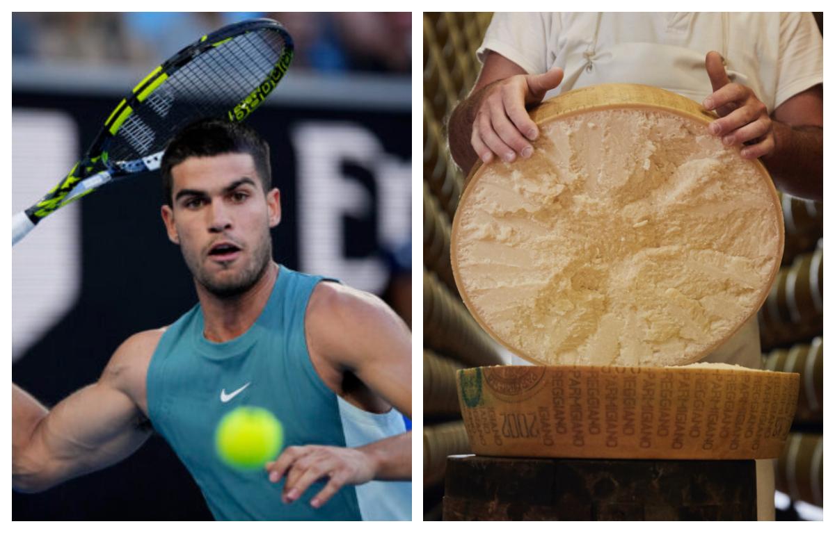 
	A sinistra il campione di tennis Carlos Alcaraz, a destra una forma di Parmiggiano Reggiano

