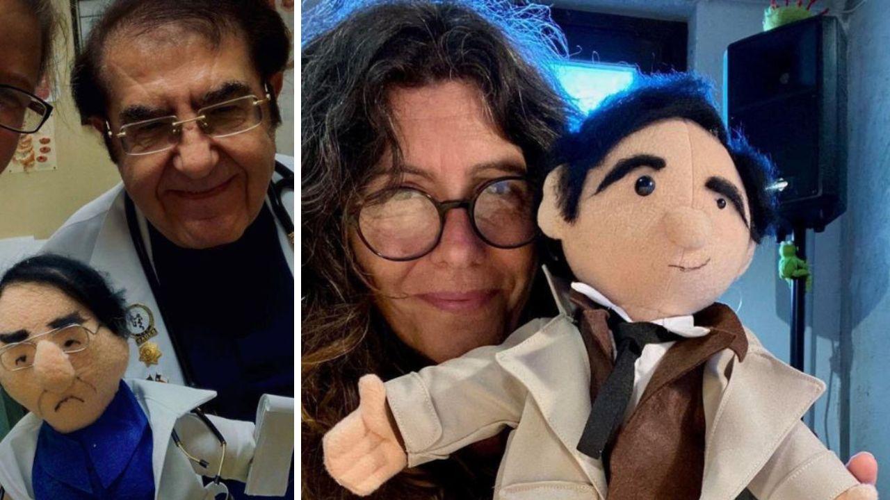 Il dottor Nowzaradan col pupazzo della livornese Rosita Romani e l'artista col tenente Colombo