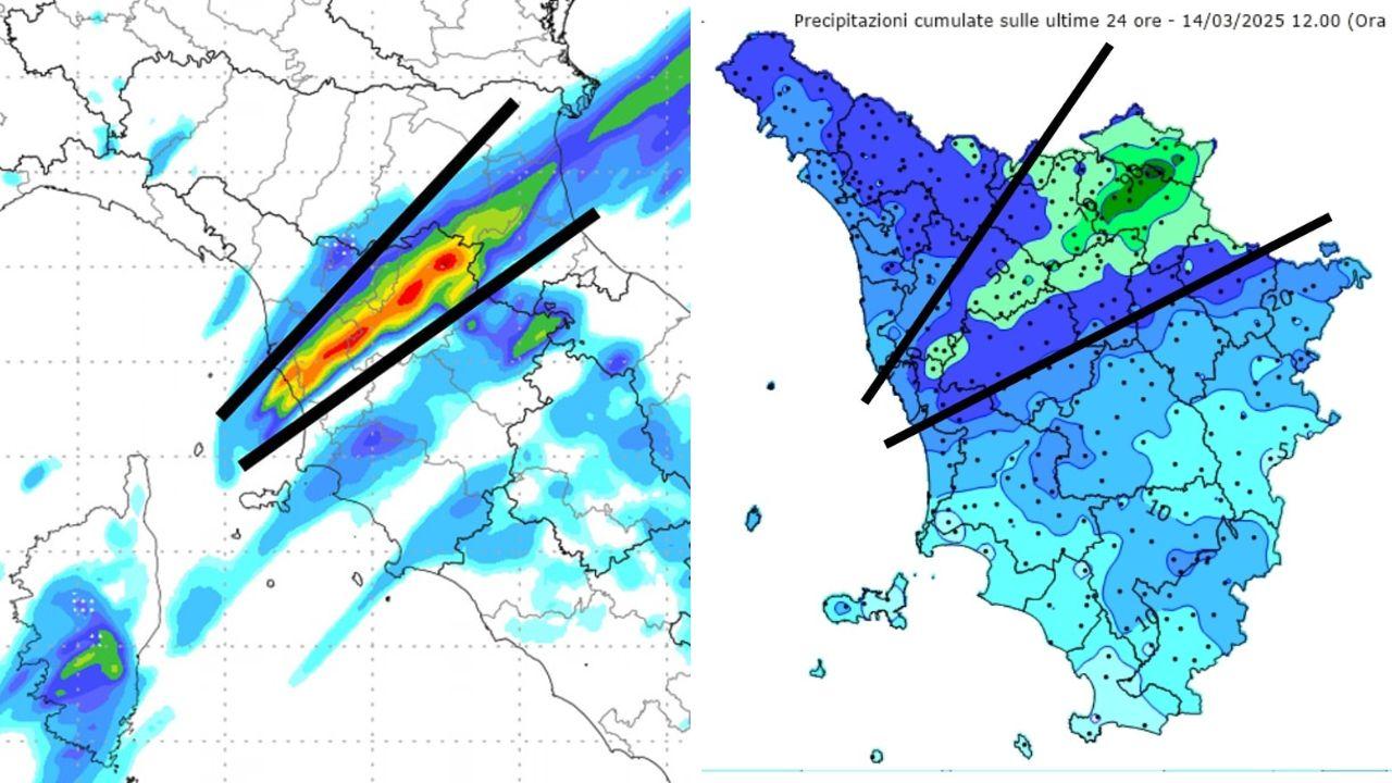 
	Il fronte stazionario che sta flagellando la Toscana (Elaborazione: Centro Meteo Toscana)

