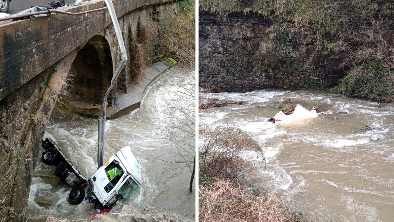 
	Il camion sbalzato nel corso d'acqua (foto Nucci)

