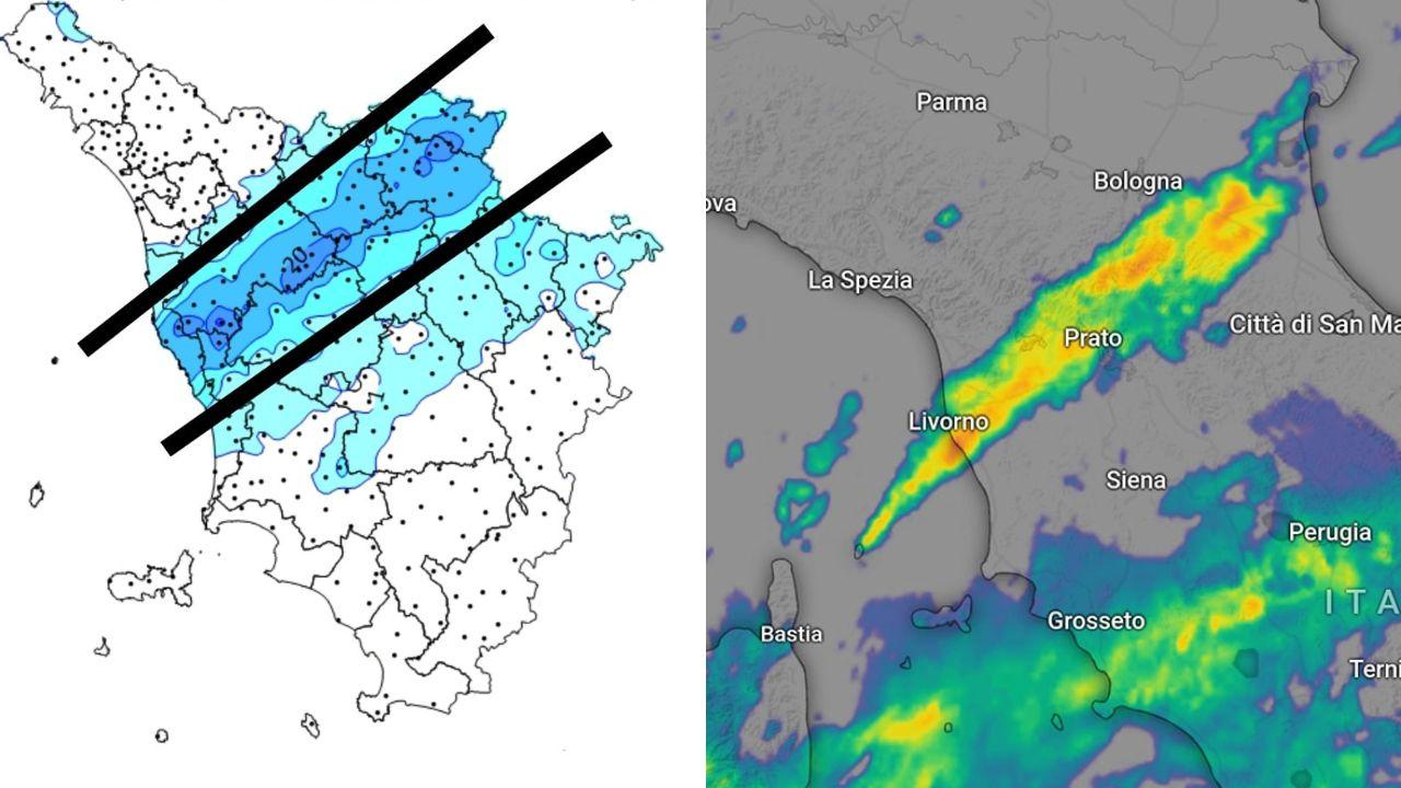 
	A sinistra la pioggia caduta in Toscana alle 16 di venerd&igrave; 14 marzo; a destra l'immagine satellitare&nbsp;

