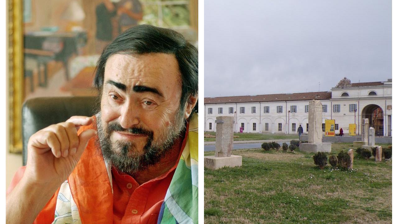A sinistra Luciano Pavarotti, a destra il parco Novi Sad