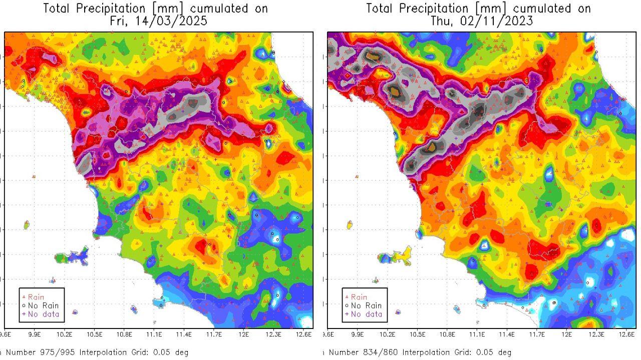 Le mappe di pioggia cumulata del novembre 2023 e marzo 2025