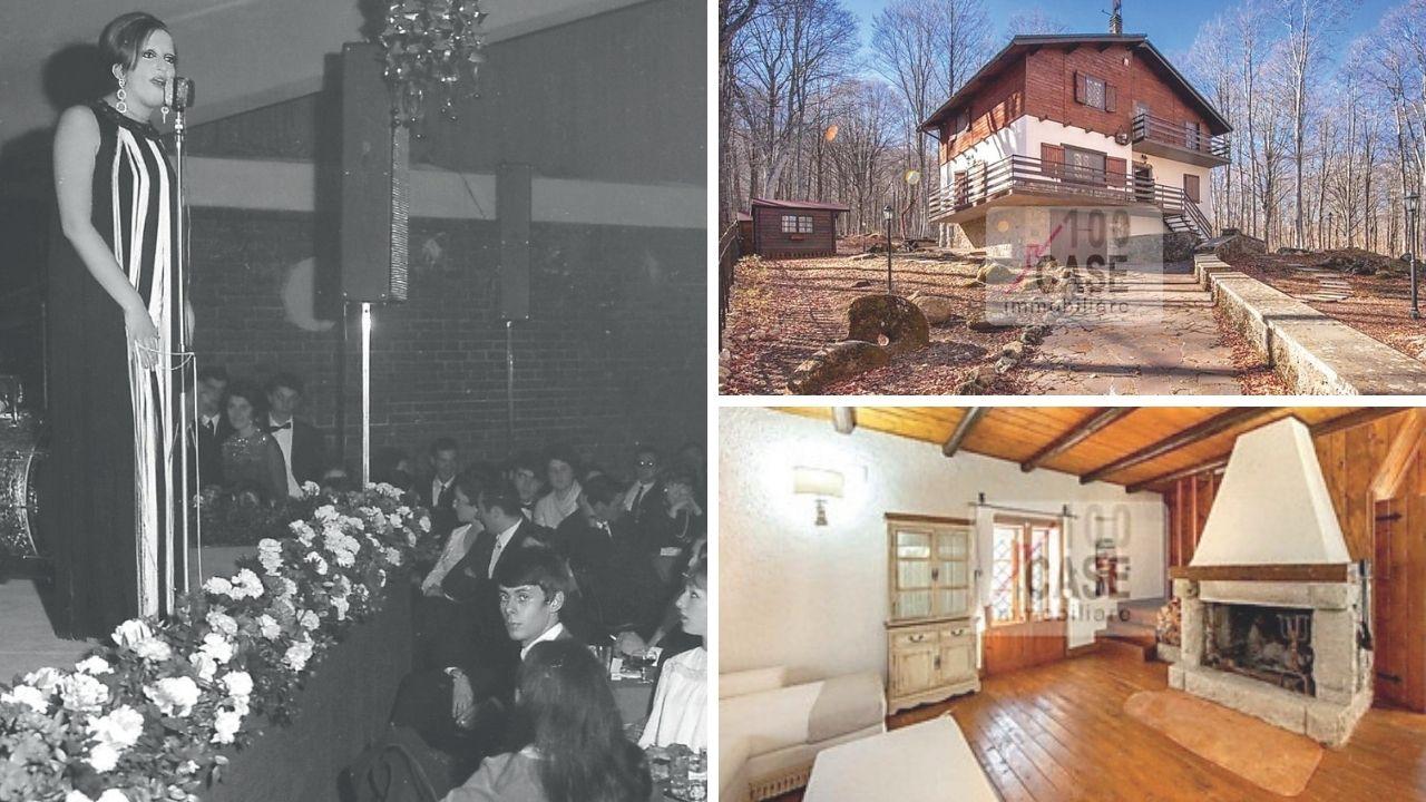 
	Mina durante un'esibizione all'Eden, di fianco la villa-chalet

