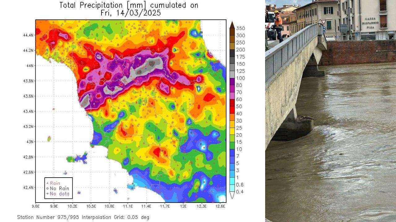 
	A sinistra le precipitazioni cumulate il 14 marzo, di fianco l'Arno ritorna sotto al livello di guardia a Pisa

