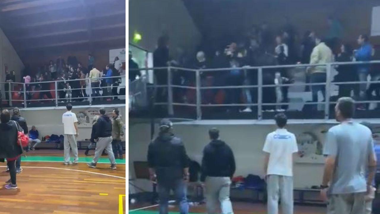 
	Due momenti della rissa scoppiata sugli spalti

