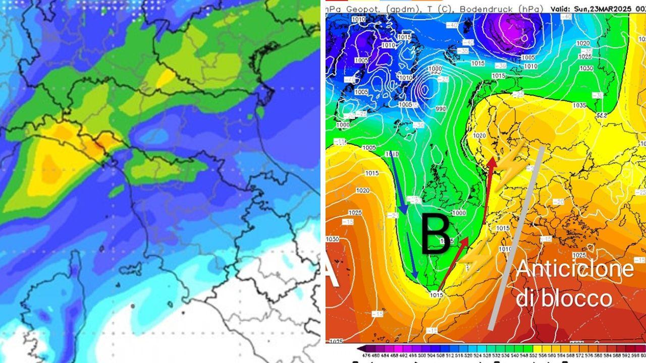 La carta delle precipitazioni e a destra la situazione emisferica (Mappe rielaborate da Centro Meteo Toscana)