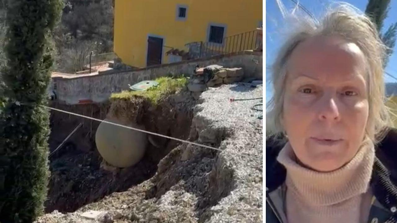 
	La frana all&rsquo;interno del Casale della Visitazione e la proprietaria, Lucia Maionchi

