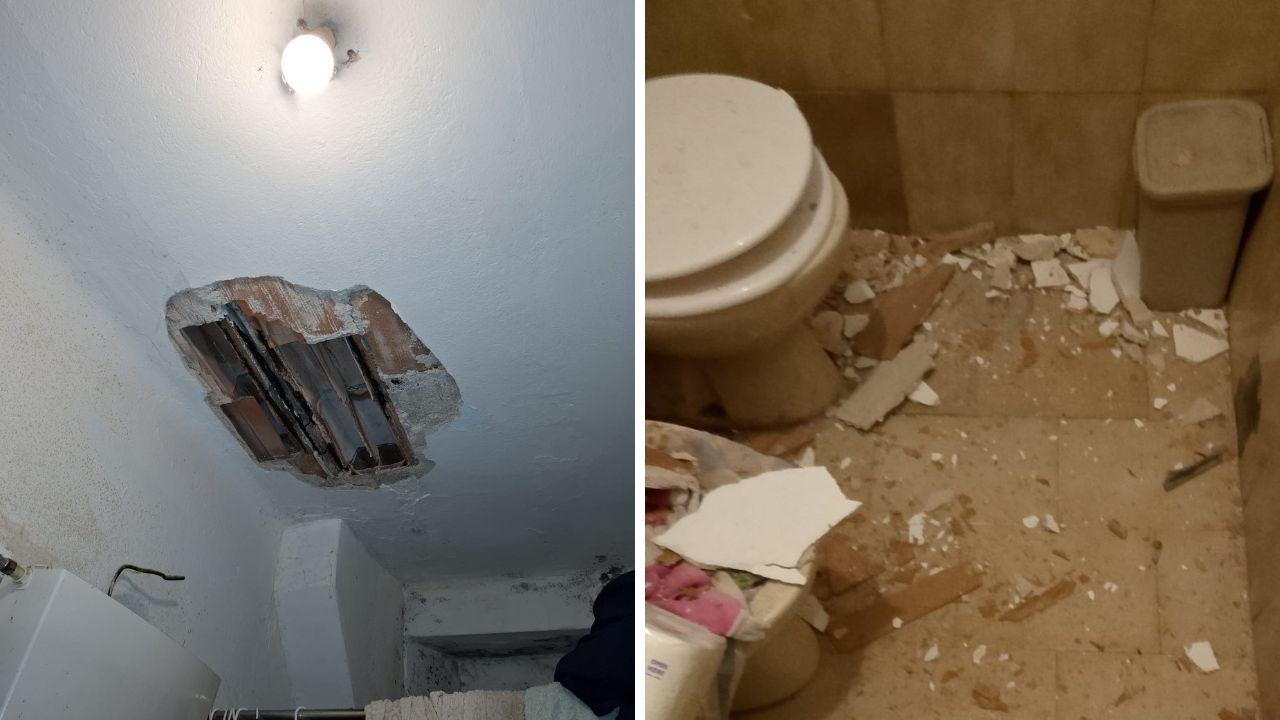 La parte crollata e i danni nel bagno