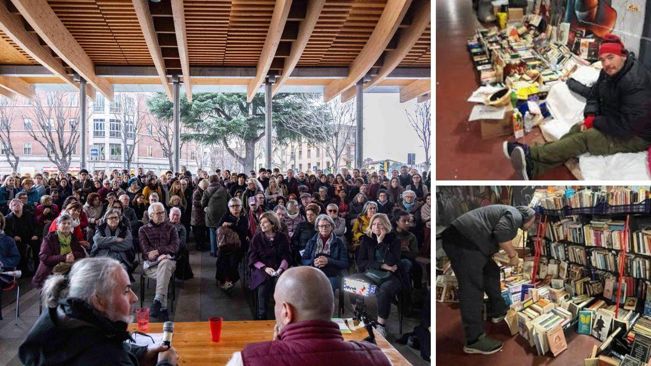 Le persone presenti al mercato delle Cure in occasione dell'incontro a sostegno del libraio
