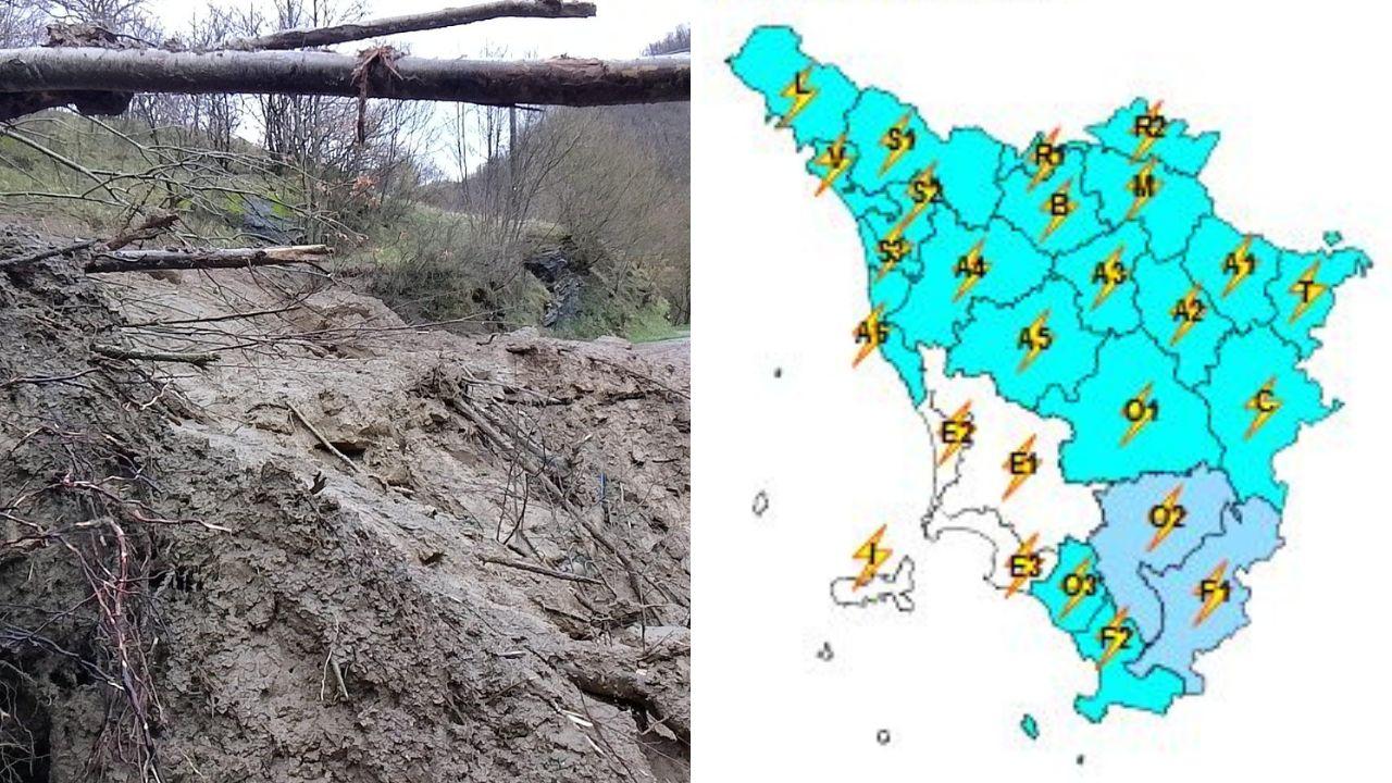 
	Una frana nell'ultima tornata di maltempo in Toscana e la cartina dalle 12 di sabato alle 24 di domenica

