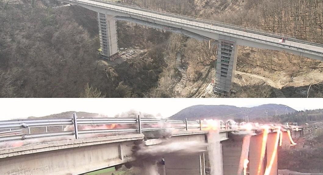 
	Il viadotto di Pavullo (foto Alex Venturelli) e una demolizione su una struttura simile fatta dalla Nitrex

