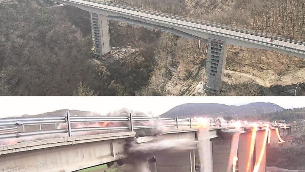 Il viadotto di Pavullo (foto Alex Venturelli) e una demolizione su una struttura simile fatta dalla Nitrex